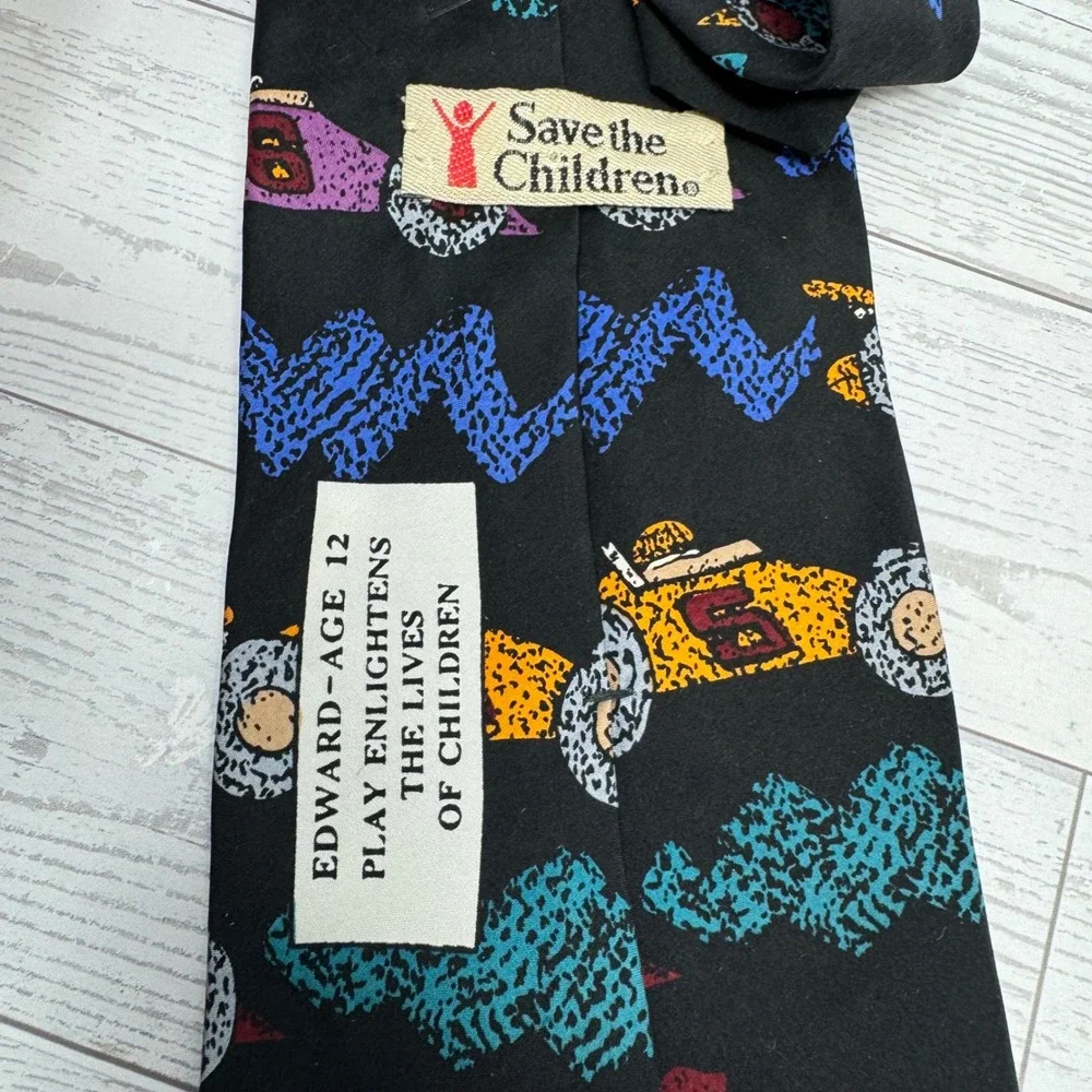 Save the Children Necktie Mens Black Race Cars Print Silk‎ Blend Neckwear